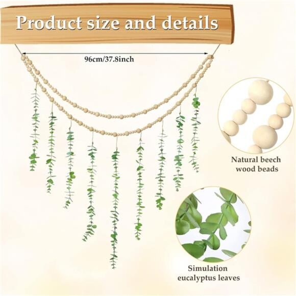 Hanging Eucalyptus Boho Wall Decor Large Boho Bedroom Wall Hanging Wooden Bead - Picture 2 of 7